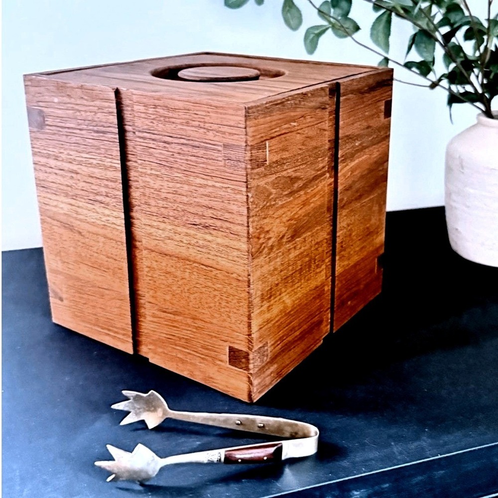 Kalmar Teak Ice Bucket w/ Lid Liner Brass Tongs – Vintage MCM Barware Thailand